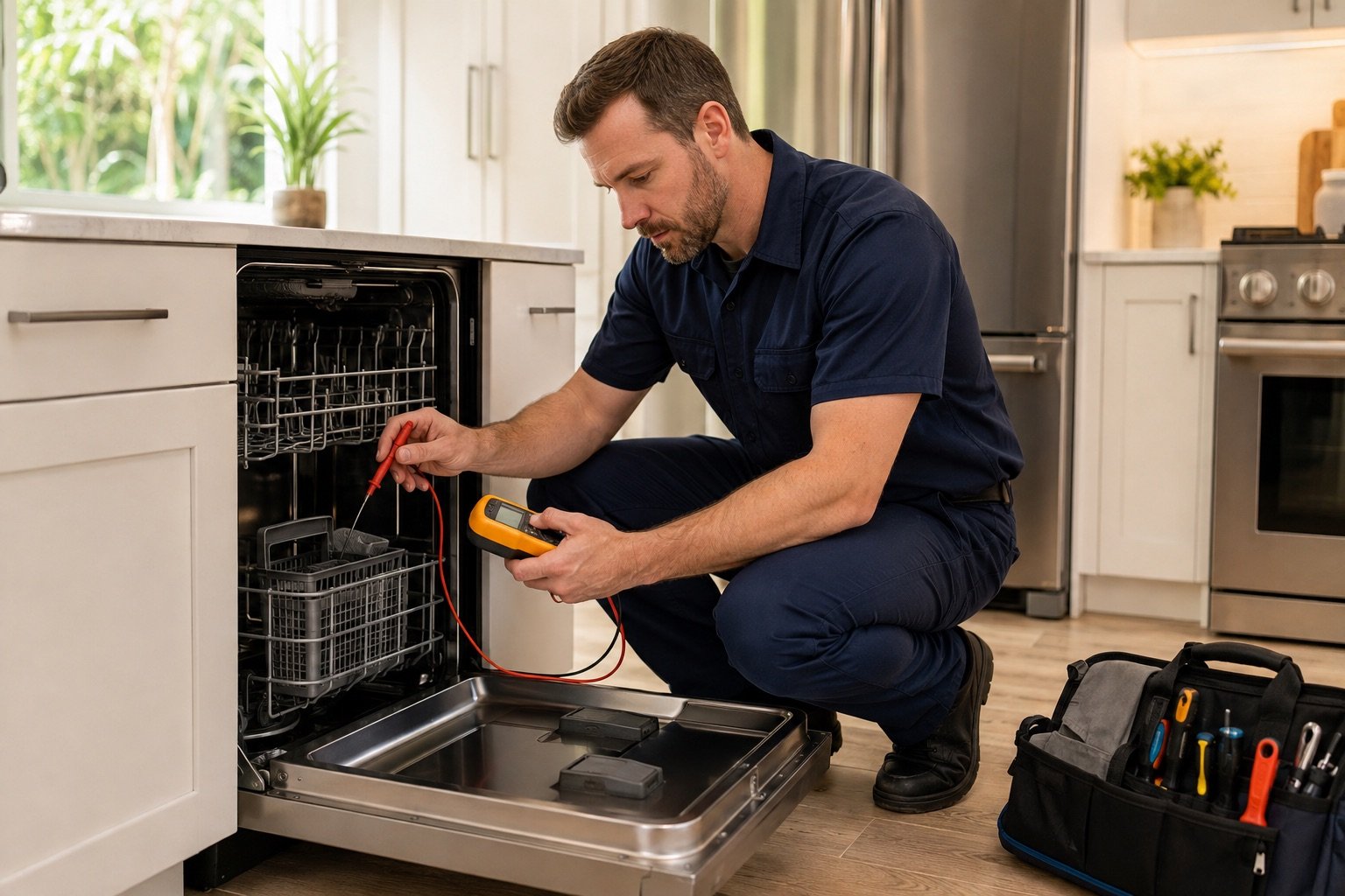 Professional appliance technician diagnosing a dishwasher in a Central Florida home