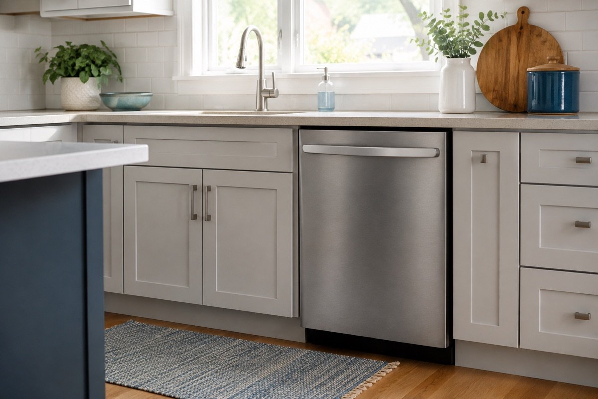 Built-in stainless-steel dishwasher in a bright residential kitchen