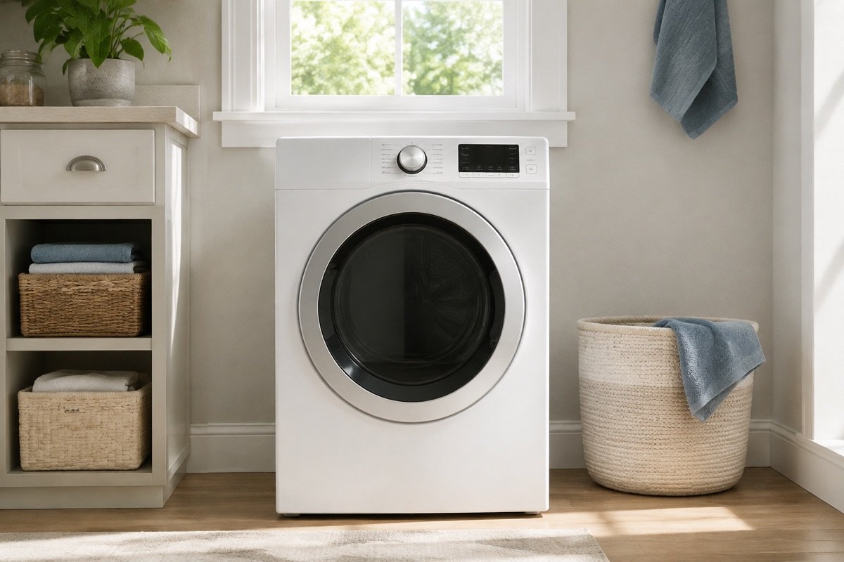 Front-loading clothes dryer in a bright residential laundry room