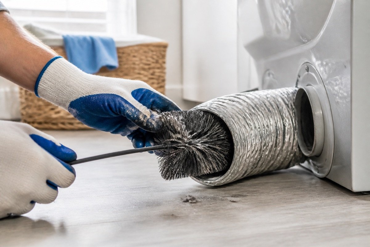 Dryer vent duct being cleaned with a professional vent brush