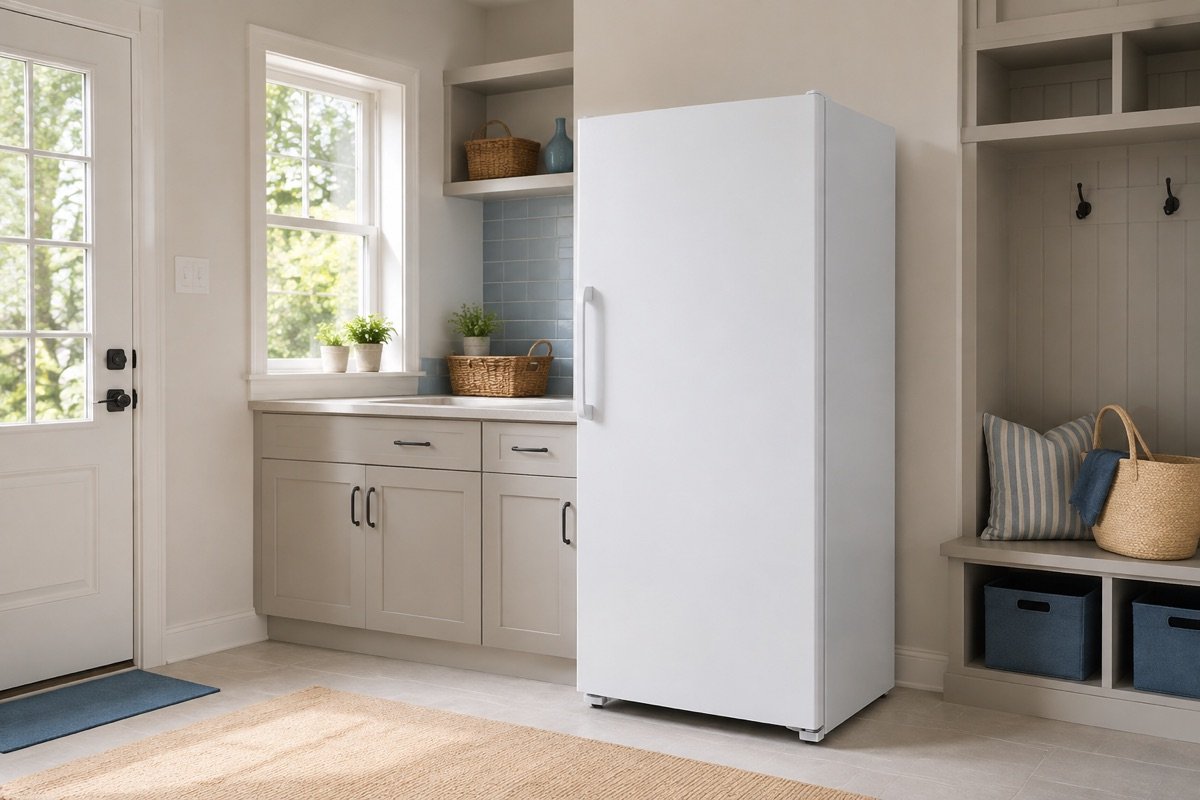 Upright freezer in a clean residential utility room