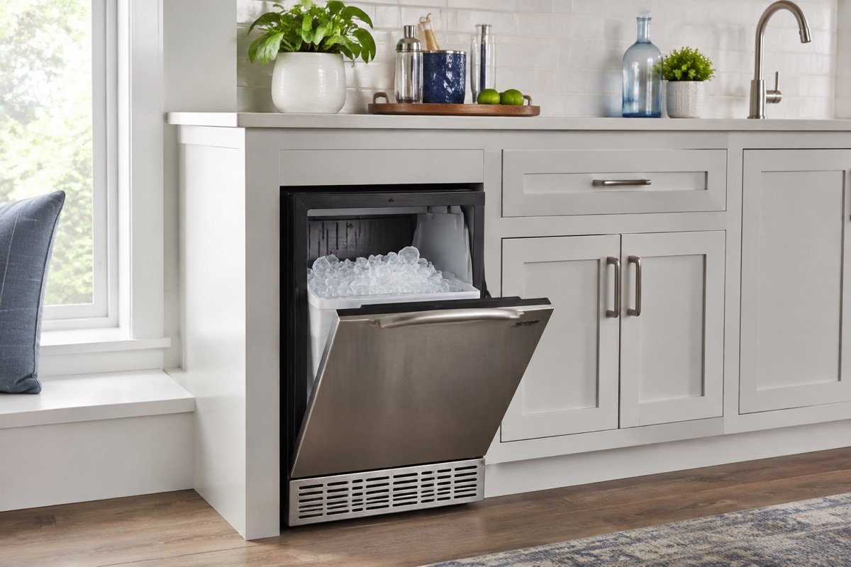 Under-counter residential ice maker with a bin of clear ice