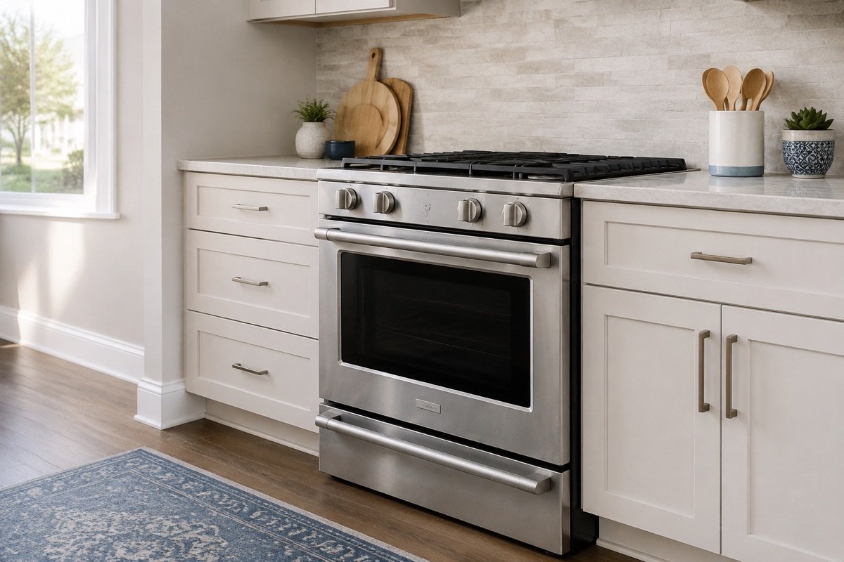 Stainless-steel stove and range in a bright residential kitchen