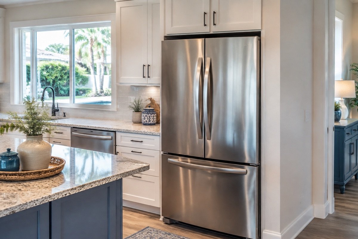 Stainless-steel refrigerator in a bright residential kitchen