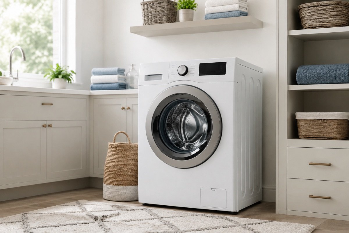 Front-loading washing machine in an organized residential laundry room