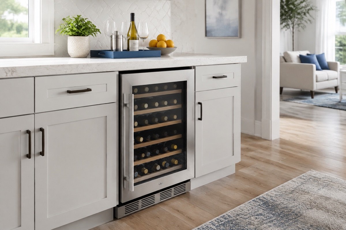 Glass-door wine cooler built into a bright residential kitchen