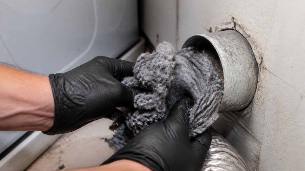 Infographic showing the process of removing lint from a dryer vent to fix a dryer not heating issue.