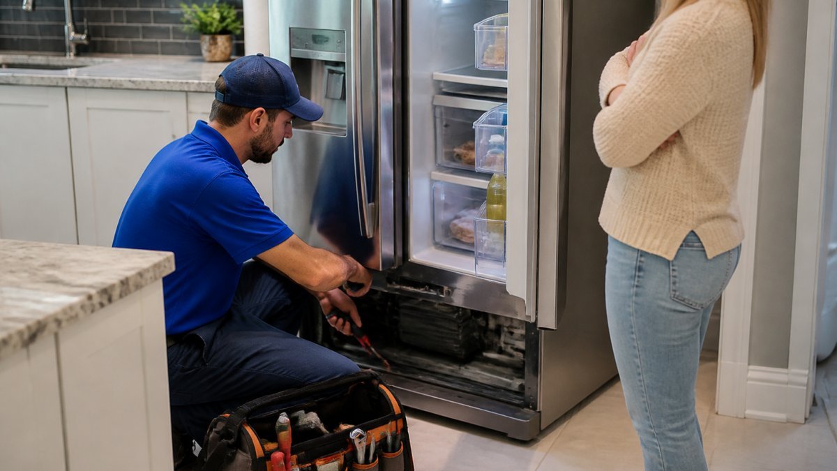 A uniformed appliance technician with a tool bag kneeling beside an open refrigerator in a bright home kitchen, homeowner standing nearby