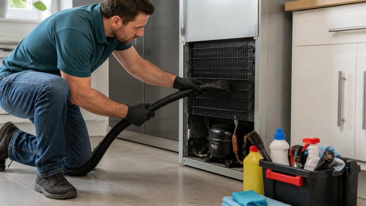 Homeowner carefully cleaning refrigerator coils with a soft brush and vacuum attachment, with cleaning supplies and tools arranged on the kitchen floor nearby