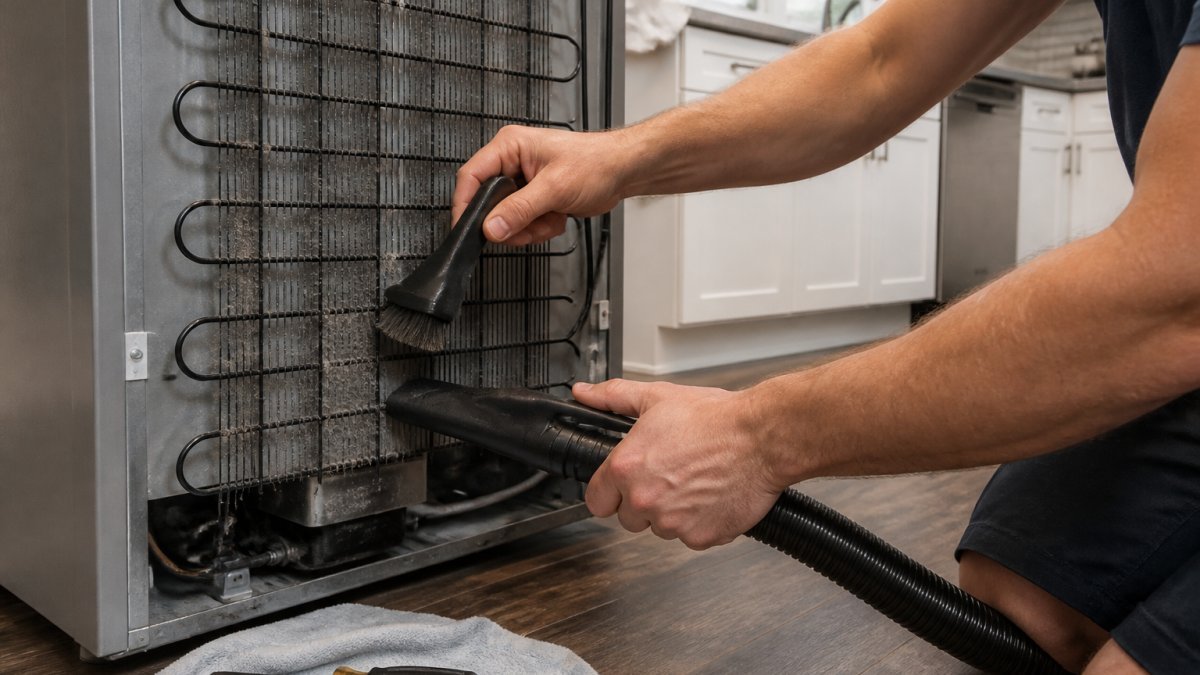 Close-up of a person using a coil brush and vacuum attachment to clean dusty condenser coils behind a pulled-out refrigerator in a home kitchen